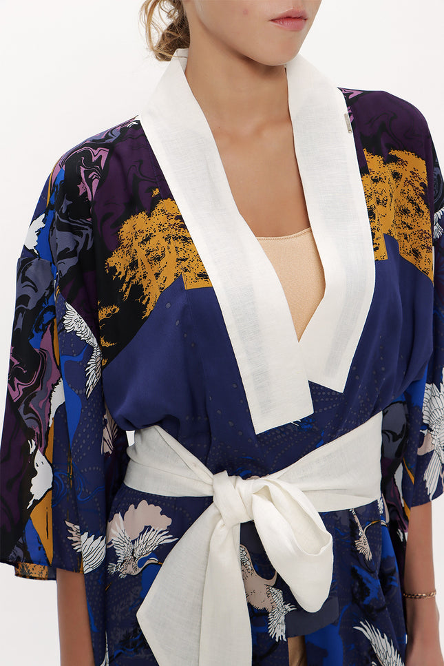 Navy Blue Long kimono belted dress 92737