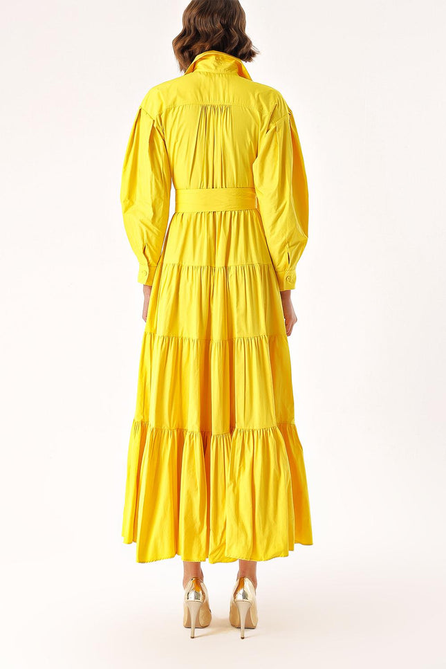 Yellow Long pleated dress with belt 94332