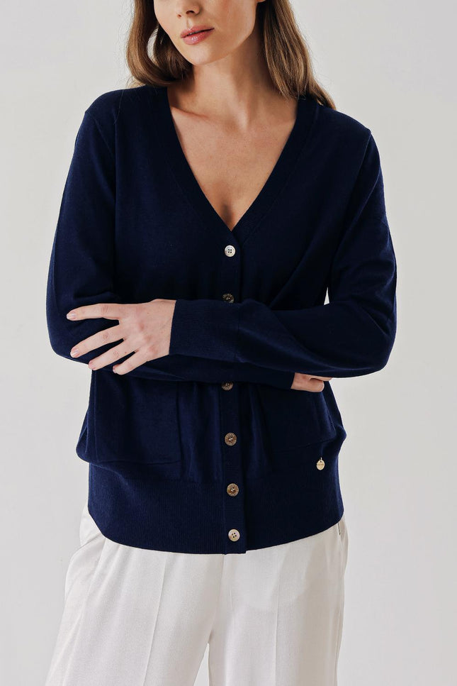 Navy Blue V-neck woolen long knit cardigan 28867
