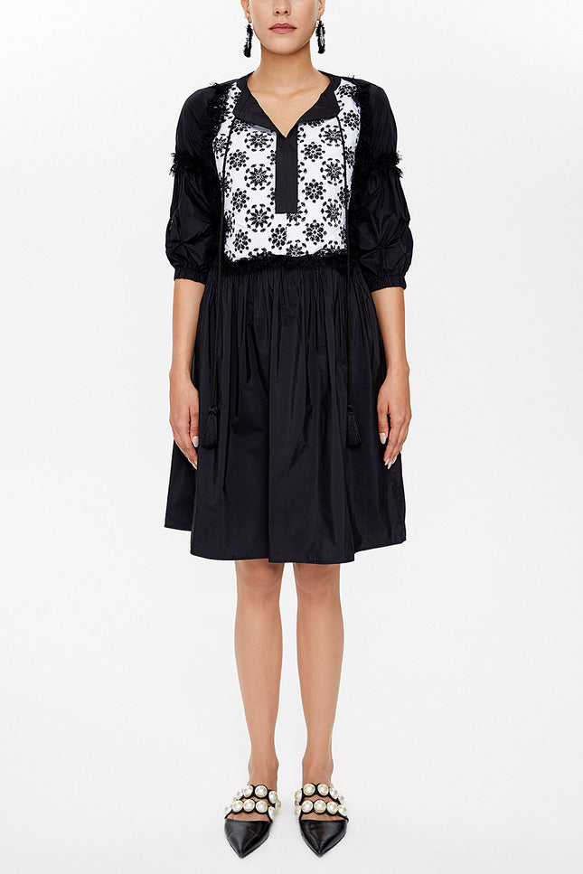 Black Pleated lace mini dress 92459