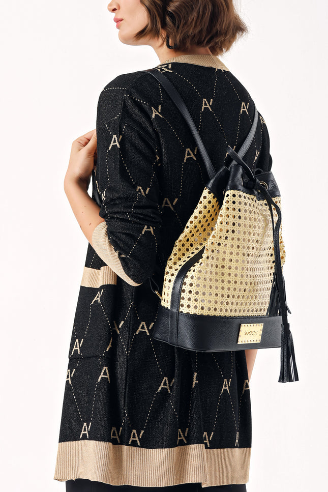 Black Straw bag with accessory detail 23015