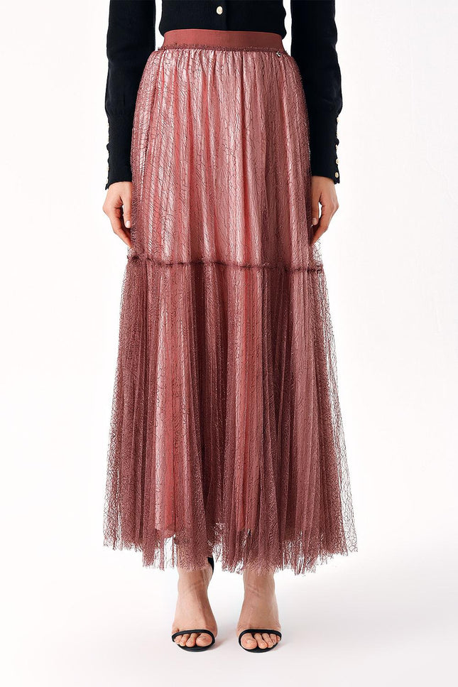 Powder Elastic waist pleated long tulle skirt 81235