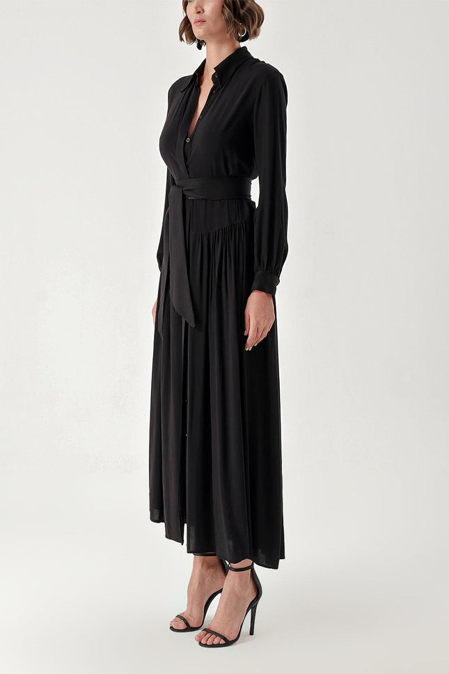Siyah Büzgülü bol kesim gömlek elbise 94309