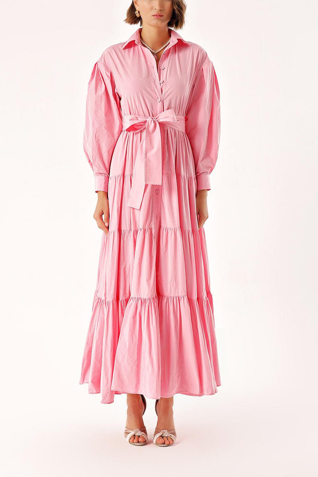 Pink Long pleated dress with belt 94332