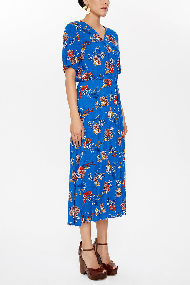 Blue Wrap-over belted midi dress 92790
