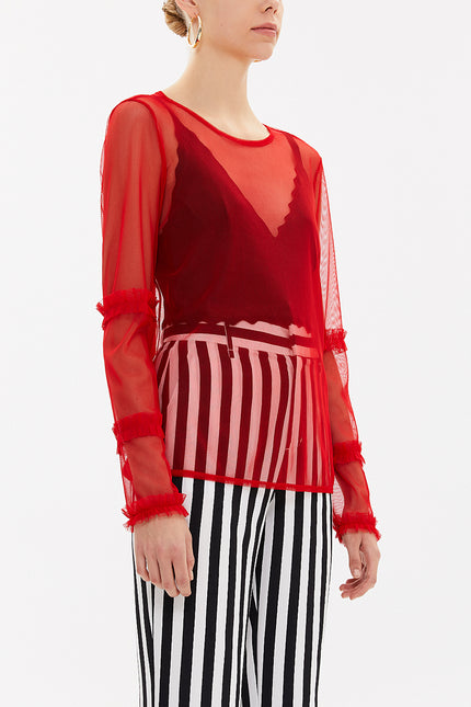 Red Pleated sleeve tulle blouse  19657