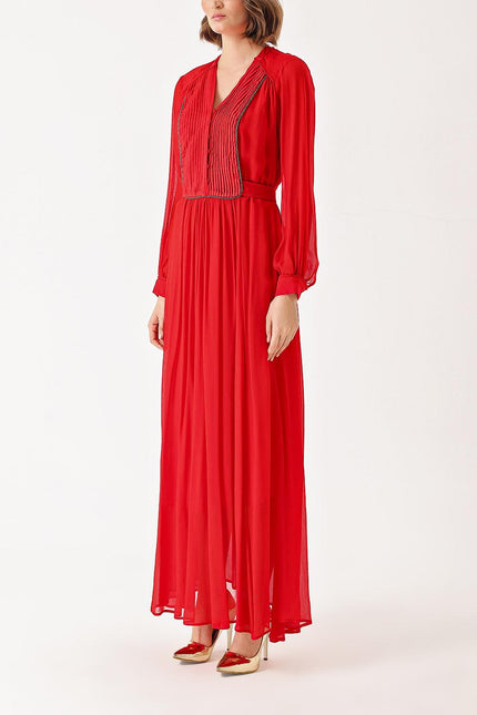 Red Long chiffon dress with pleat detail 94303