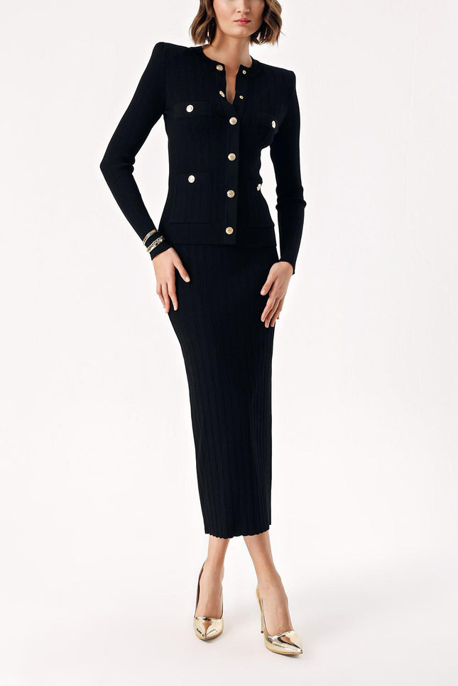 Black Button detailed cardigan and skirt suit 28879