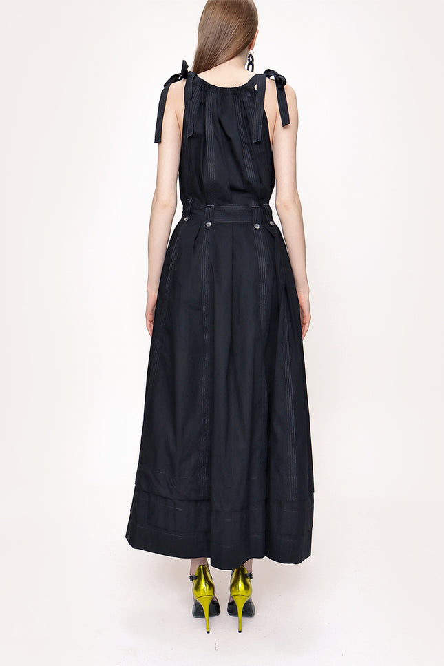 Black Sleeveless lace-up wide cut dress  93542
