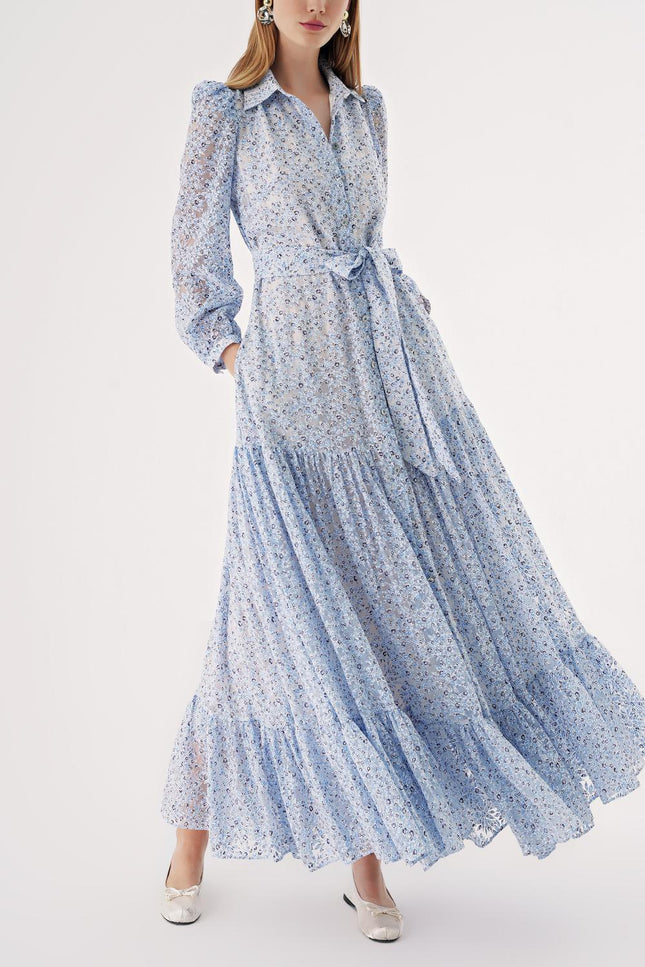 Blue Pleated maxi shirt dress 94567