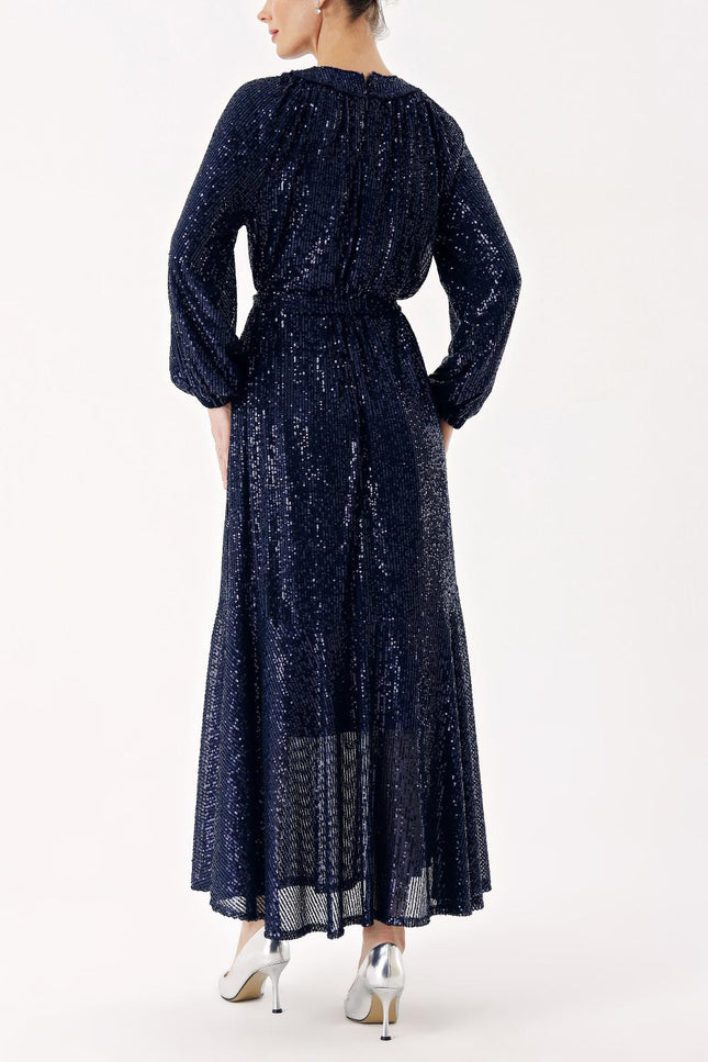 Navy Blue Ruched detail sequined balloon sleeve dress 94468