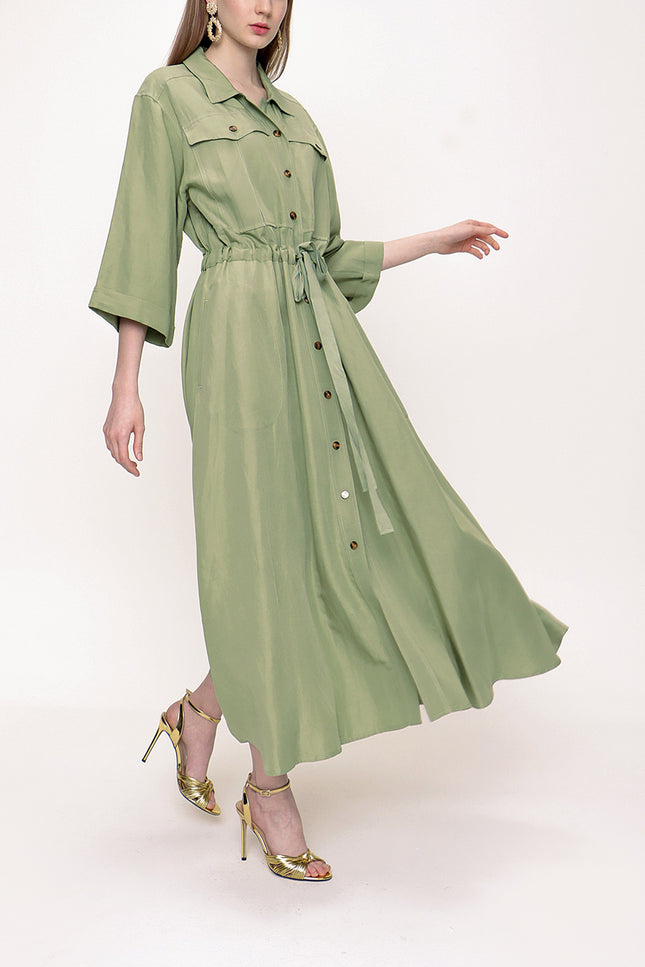 Green Wide cut linen shirt dress 93564