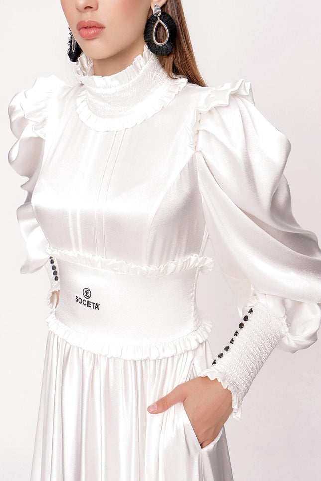 Beyaz Büzgülü Şerit Detaylı Uzun Elbise 93999