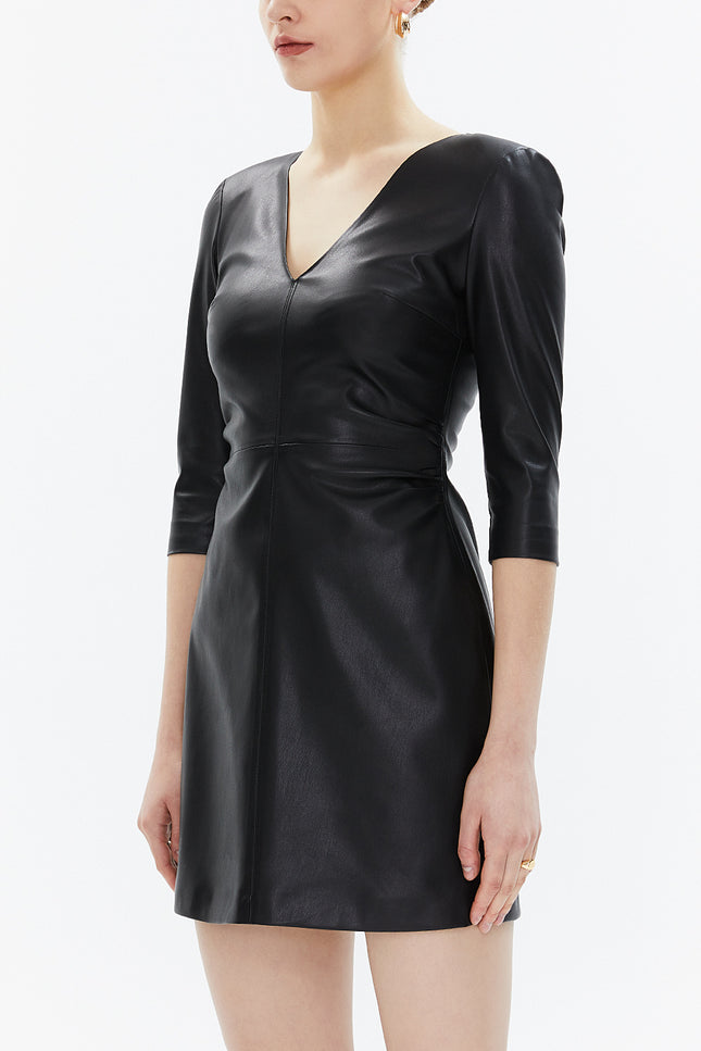 Black Pleated V-neck side zipped mini dress 93350