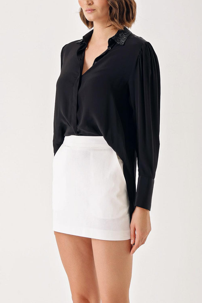 Black Loose-cut collared shirt with crystal stone detail 10838