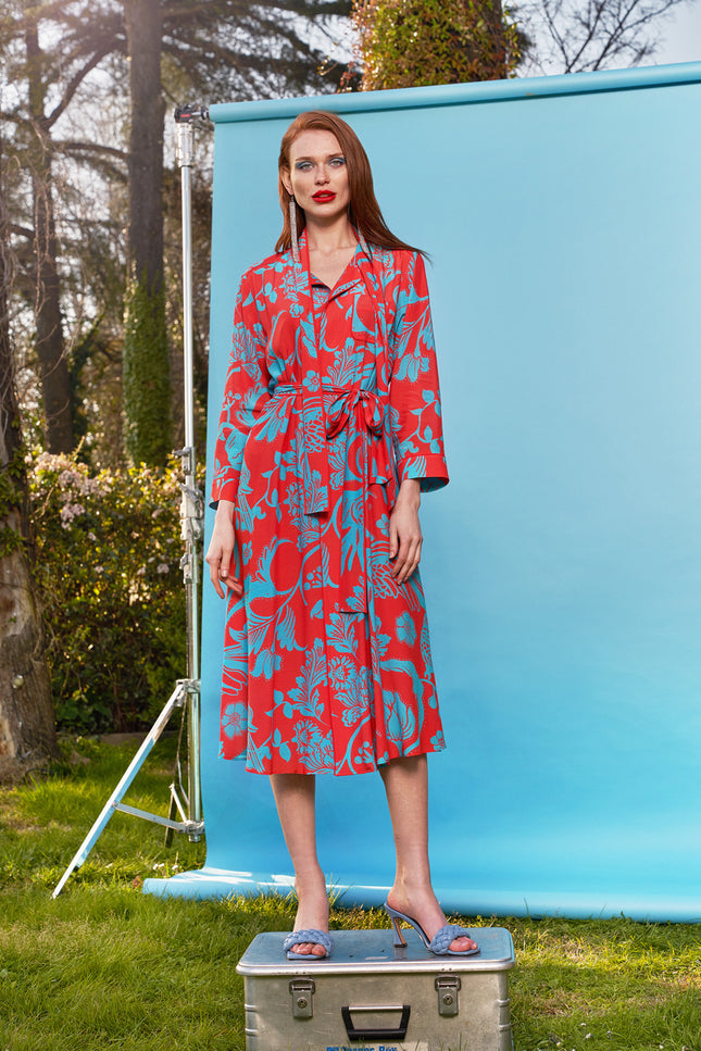 Red Patterned Binding shirt  dress  93529