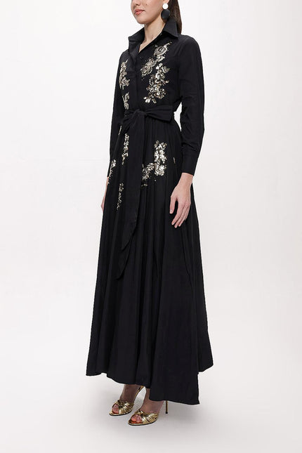 Black Sequin embroidered long taffeta shirt dress 94334