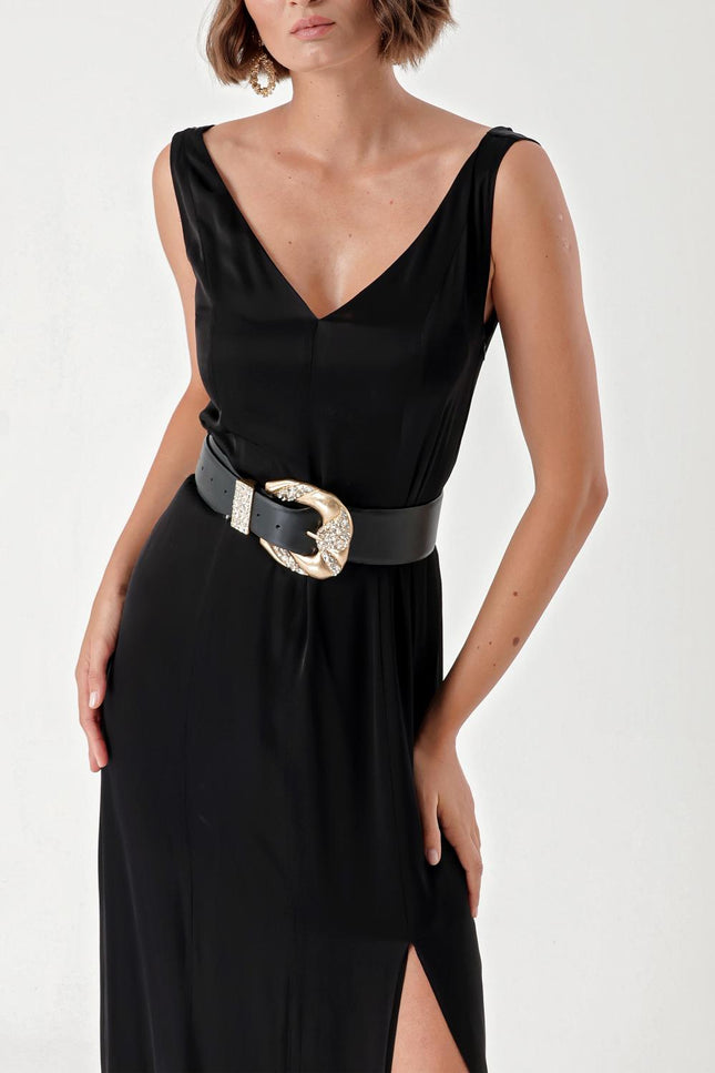 Black Sleeveless V-neck slit dress 94217