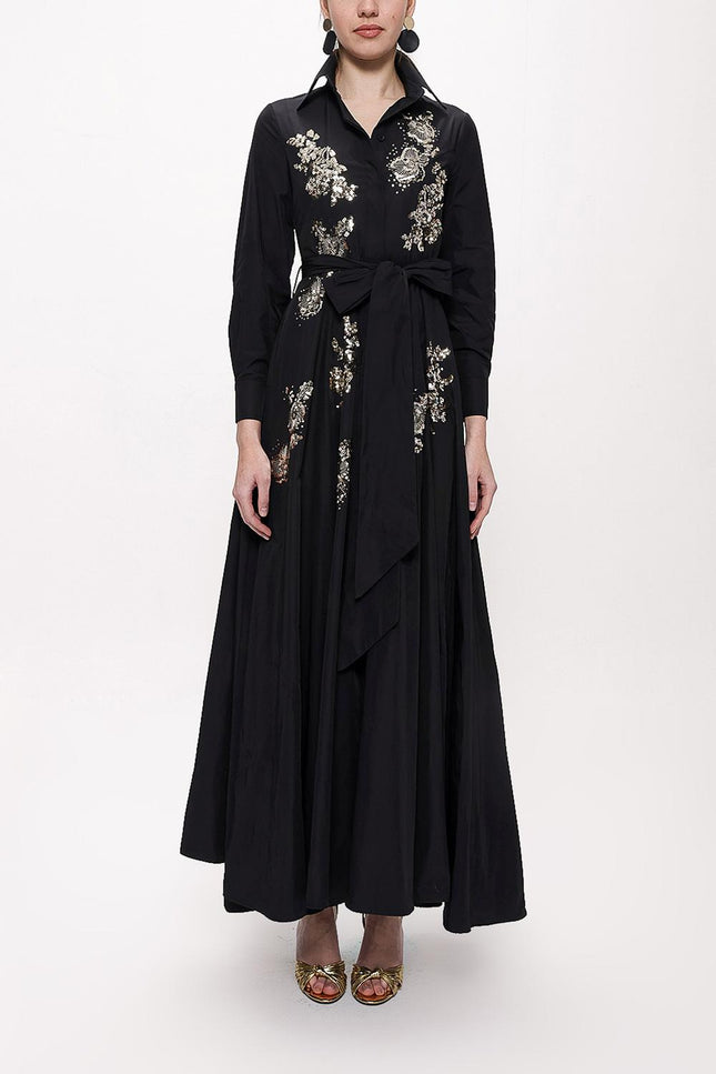 Black Sequin embroidered long taffeta shirt dress 94334