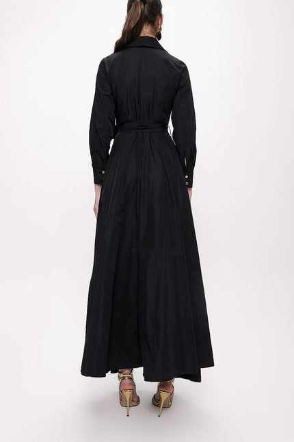 Black Sequin embroidered long taffeta shirt dress 94334