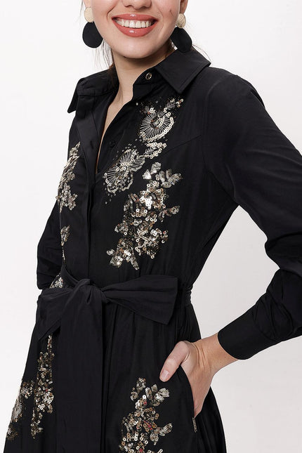 Black Sequin embroidered long taffeta shirt dress 94334